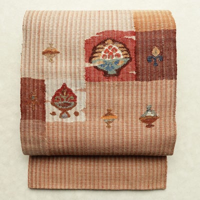 名古屋帯 太鼓柄 美品 正絹 幾何学柄・抽象柄 松葉仕立て なごや帯 リサイクル帯 帯 モダン ピンク