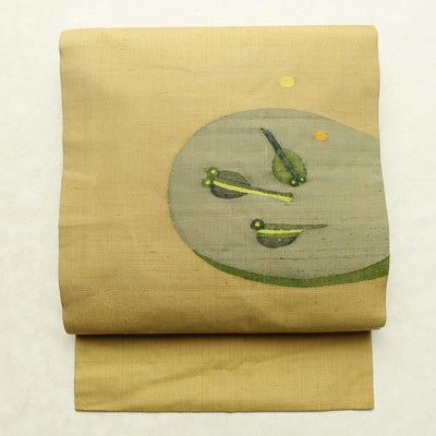 名古屋帯 太鼓柄 良品 正絹 人物・動物柄 名古屋仕立て なごや帯 リサイクル帯 帯 おたまじゃくし シンプル 洒落 黄・黄土色