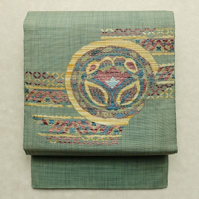 名古屋帯 太鼓柄 正絹 幾何学柄・抽象柄 松葉仕立て なごや帯 リサイクル帯 帯 緑・うぐいす色