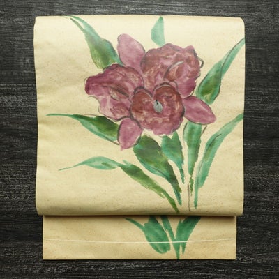 名古屋帯 太鼓柄 正絹 花柄 名古屋仕立て なごや帯 リサイクル帯 帯 クリーム