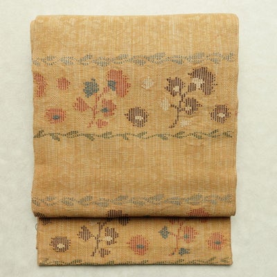 名古屋帯 六通柄 正絹 木の葉・植物柄 通し仕立て なごや帯 リサイクル帯 帯 モダン ベージュ