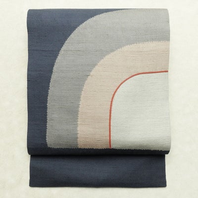 名古屋帯 太鼓柄 良品 正絹 幾何学柄・抽象柄 名古屋仕立て なごや帯 リサイクル帯 帯 モダン シンプル くすみブルー 青・紺