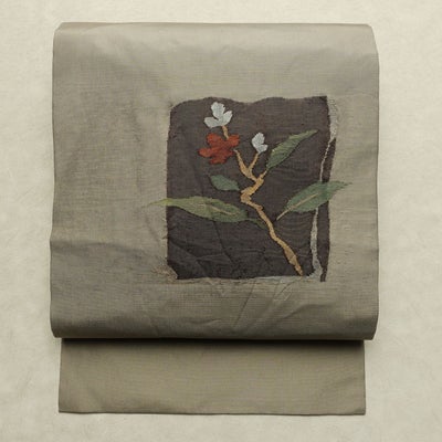 名古屋帯 太鼓柄 正絹 花柄 名古屋仕立て なごや帯 リサイクル帯 帯 モダン シンプル ベージュ