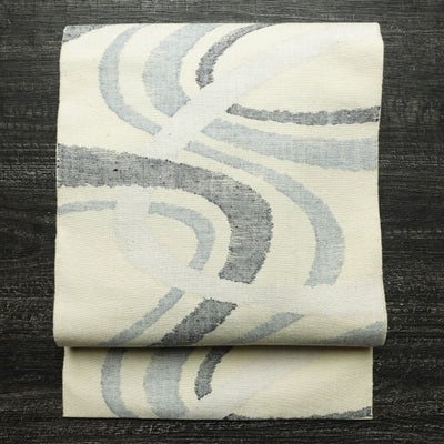 名古屋帯 六通柄 正絹 流水・波柄 松葉仕立て なごや帯 リサイクル帯 帯 モダン 白