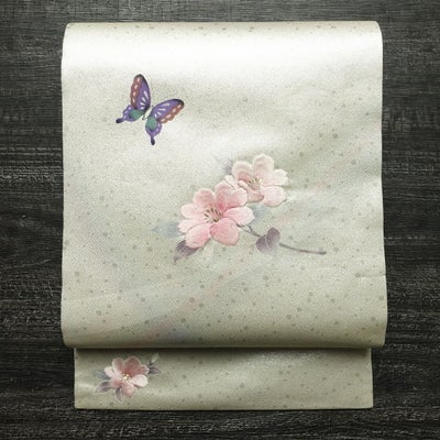 名古屋帯 太鼓柄 良品 正絹 花柄 名古屋仕立て なごや帯 リサイクル帯 蝶 帯 刺繍 シンプル 金・銀