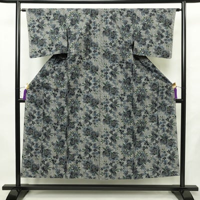 単衣 紬 良品 しつけ糸付き バチ衿仕立て 正絹 花柄 単衣仕立て 身丈152cm 裄丈63cm リサイクル着物 着物 多色使い