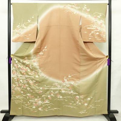 訪問着 良品 金駒刺繍 正絹 花柄 袷仕立て 身丈163.5cm 裄丈65.5cm リサイクル着物 着物 共八掛 金彩 入学式 卒業式 七五三 お宮参り フォーマル 茶