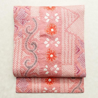 名古屋帯 太鼓柄 美品 絞り 総絞り 正絹 古典柄 名古屋仕立て なごや帯 リサイクル帯 帯 ピンク