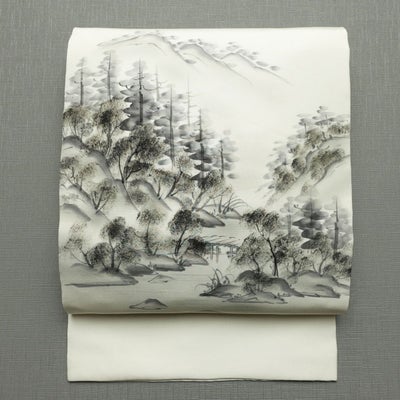 名古屋帯 太鼓柄 正絹 風景柄 名古屋仕立て なごや帯 リサイクル帯 帯 白