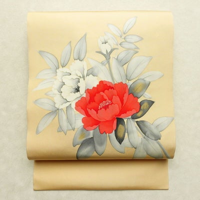 名古屋帯 太鼓柄 美品 落款入り 正絹 花柄 名古屋仕立て なごや帯 リサイクル帯 帯 箔 薄橙 橙