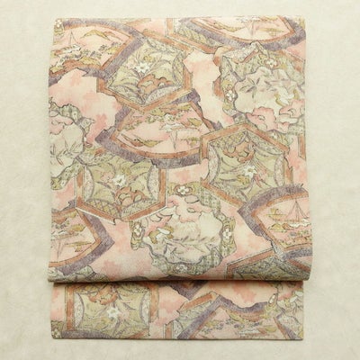 名古屋帯 六通柄 美品 縮緬 正絹 古典柄 名古屋仕立て なごや帯 リサイクル帯 帯 ピンク