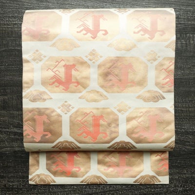 名古屋帯 太鼓柄 正絹 幾何学柄・抽象柄 名古屋仕立て なごや帯 リサイクル帯 帯 箔 白