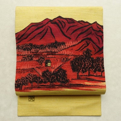 名古屋帯 太鼓柄 良品 落款入り 正絹 風景柄 名古屋仕立て なごや帯 リサイクル帯 帯 黄・黄土色