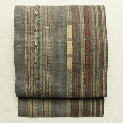 名古屋帯 渡文 太鼓柄 正絹 縞柄・線柄 松葉仕立て なごや帯 リサイクル帯 帯 モダン 多色使い