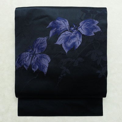 名古屋帯 太鼓柄 正絹 木の葉・植物柄 名古屋仕立て なごや帯 リサイクル帯 帯 シンプル 青・紺