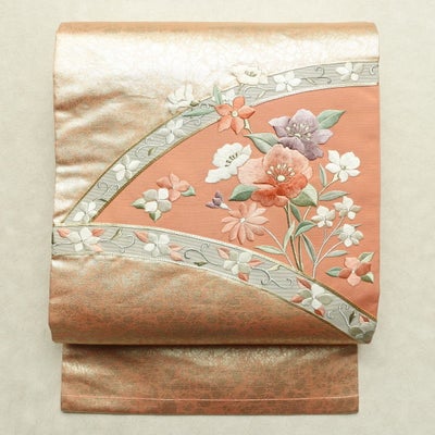 名古屋帯 太鼓柄 良品 正絹 名古屋仕立て なごや帯 リサイクル帯 帯 刺繍 箔 サーモンピンク ピンク