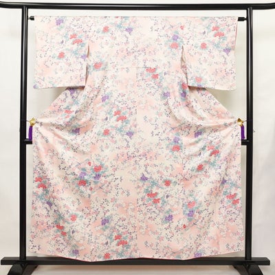 小紋 総柄 正絹 花柄 袷仕立て 身丈156cm 裄丈63.5cm リサイクル着物 着物 金彩 ピンク