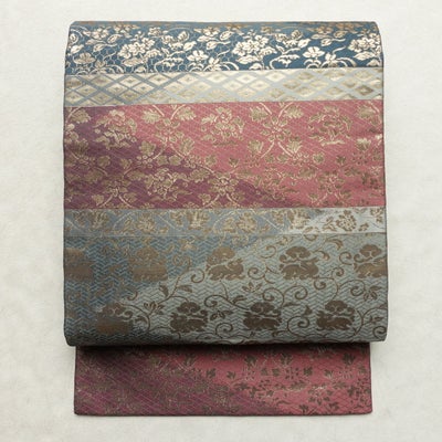 名古屋帯 太鼓柄 正絹 木の葉・植物柄 名古屋仕立て なごや帯 リサイクル帯 帯 箔 緑・うぐいす色