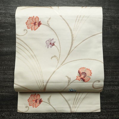 名古屋帯 六通柄 正絹 花柄 名古屋仕立て なごや帯 リサイクル帯 帯 箔 白