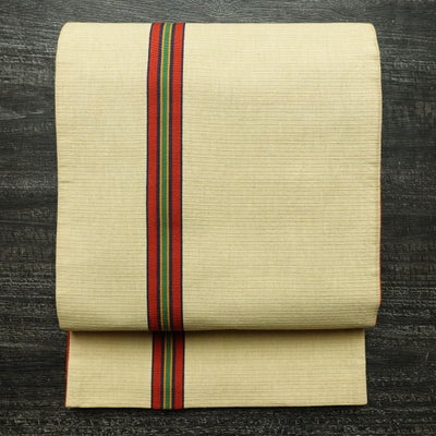 名古屋帯 全通柄 正絹 縞柄・線柄 通し仕立て なごや帯 リサイクル帯 帯 シンプル ベージュ