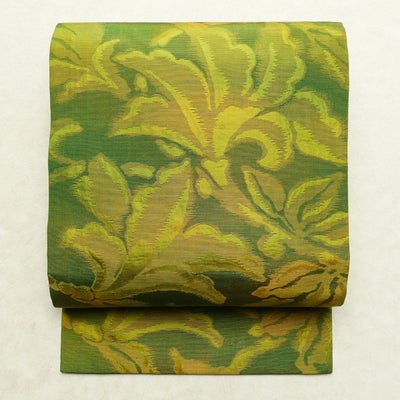 名古屋帯 六通柄 良品 正絹 木の葉・植物柄 名古屋仕立て なごや帯 リサイクル帯 帯 緑・うぐいす色