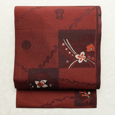 名古屋帯 六通柄 良品 正絹 花柄 名古屋仕立て なごや帯 リサイクル帯 帯 モダン 小豆・エンジ