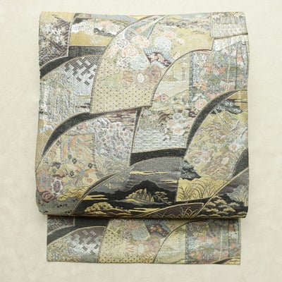 名古屋帯 全通柄 正絹 古典柄 袷仕立て なごや帯 リサイクル帯 帯 箔 金・銀