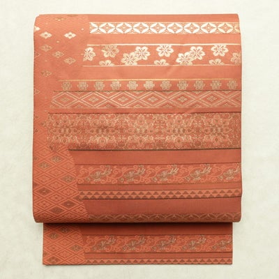 名古屋帯 太鼓柄 正絹 縞柄・線柄 名古屋仕立て なごや帯 リサイクル帯 帯 箔 茶