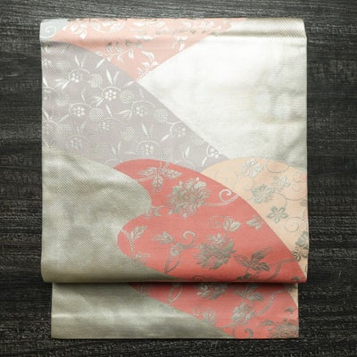 名古屋帯 六通柄 正絹 花柄 名古屋仕立て なごや帯 リサイクル帯 帯 箔 金・銀