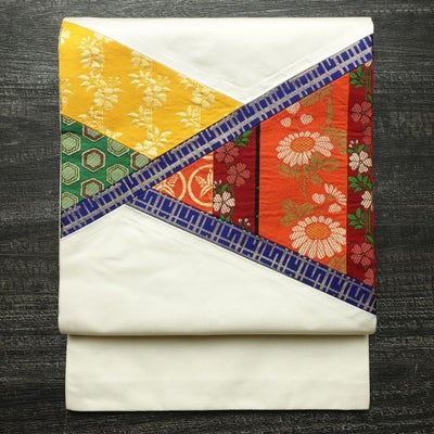 名古屋帯 太鼓柄 正絹 花柄 通し仕立て なごや帯 リサイクル帯 帯 白