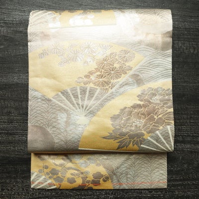 名古屋帯 太鼓柄 美品 正絹 古典柄 名古屋仕立て なごや帯 リサイクル帯 帯 箔 扇子 菊 多色使い