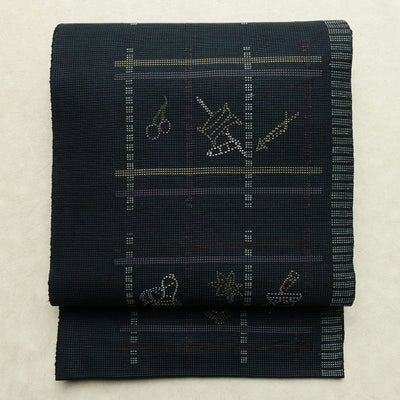 名古屋帯 六通柄 良品 正絹 古典柄 松葉仕立て なごや帯 リサイクル帯 帯 洒落 青・紺