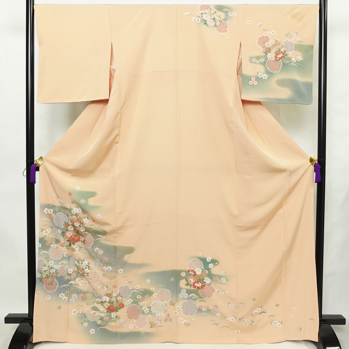 訪問着 着物 中古 リサイクル 正絹 袷 花の図 反端付き 柳染色 白茶系色 多色 金 身丈159.5cm 裄64.5cm M きもの北條 A1144-6 訪問着 身丈158cm 裄65cm レディース 袷 花柄 裄Mサイズ 秋冬春用 正絹