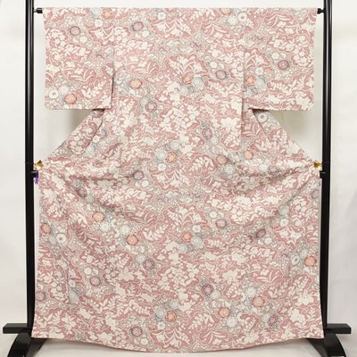 小紋 しつけ糸付き 縮緬 総柄 正絹 花柄 袷仕立て 身丈165.5cm 裄丈64cm 菊 ピンク