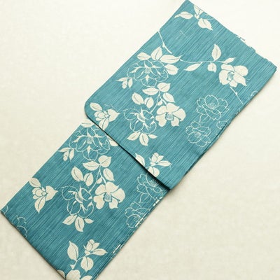 新品 浴衣 綿麻 女性用 しつけ糸付き 未使用品 高級変わり織 花柄 ターコイズブルー ゆかた レトロ 椿