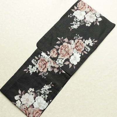 新品 浴衣 女性用 しつけ糸付き 未使用品 平織 ゆかた 花柄 黒 綿 しっとり