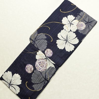 新品 浴衣 女性用 しつけ糸付き 未使用品 平織 花柄 紺 綿 レトロ ゆかた モダン まり 鞠
