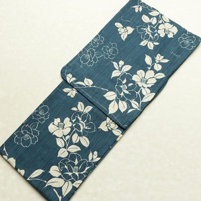 新品 浴衣 女性用 綿麻 高級変わり織 古典柄 花柄 椿柄 ゆかた 未使用品 しつけ糸付き レトロ くすみカラー モダン