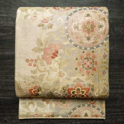 袋帯 六通柄 フォーマル用 正絹 木の葉・植物柄 リサイクル帯 帯 箔 入学式 卒業式 結婚式 七五三 お宮参り 金・銀