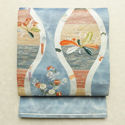 袋帯 太鼓柄 フォーマル用 正絹 木の葉・植物柄 リサイクル帯 帯 金糸 入学式 卒業式 七五三 お宮参り 青・紺