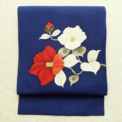 名古屋帯 太鼓柄 正絹 花柄 名古屋仕立て なごや帯 リサイクル帯 帯 金彩 青・紺