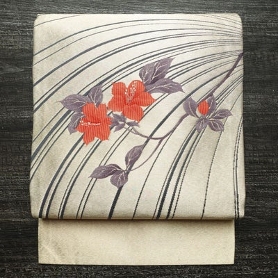 名古屋帯 太鼓柄 正絹 花柄 名古屋仕立て なごや帯 リサイクル帯 帯 箔 金糸 白