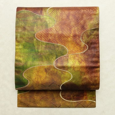 名古屋帯 太鼓柄 正絹 流水・波柄 名古屋仕立て なごや帯 リサイクル帯 帯 箔 小豆・エンジ