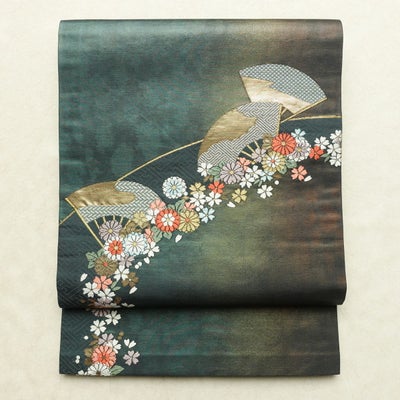 名古屋帯 太鼓柄 正絹 古典柄 通し仕立て なごや帯 リサイクル帯 帯 箔 緑・うぐいす色