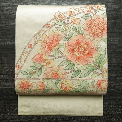 名古屋帯 太鼓柄 相良刺繍 正絹 花柄 名古屋仕立て なごや帯 リサイクル帯 帯 白