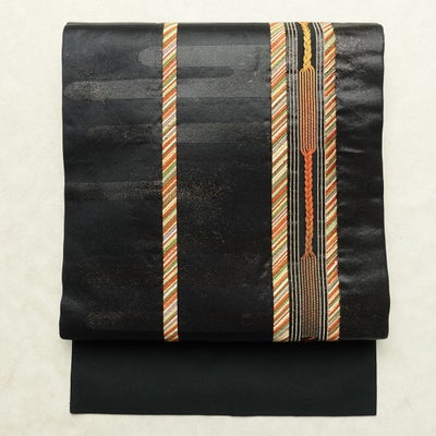 名古屋帯 太鼓柄 正絹 古典柄 名古屋仕立て なごや帯 リサイクル帯 帯 箔 黒