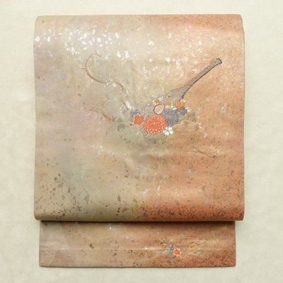 名古屋帯 太鼓柄 美品 正絹 花柄 名古屋仕立て なごや帯 リサイクル帯 帯 箔 菊 ピンク