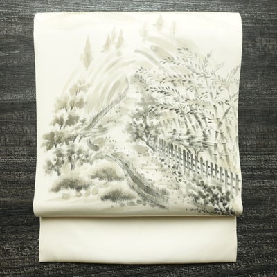 名古屋帯 太鼓柄 良品 落款入り 正絹 風景柄 名古屋仕立て なごや帯 リサイクル帯 帯 白