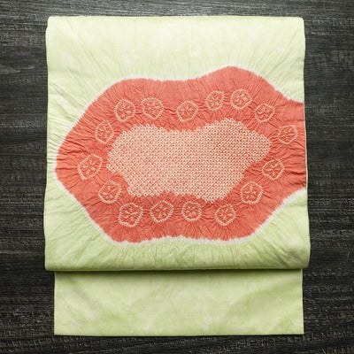 名古屋帯 太鼓柄 絞り 正絹 幾何学柄・抽象柄 名古屋仕立て なごや帯 リサイクル帯 帯 緑・うぐいす色