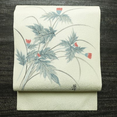 名古屋帯 太鼓柄 美品 落款入り 正絹 木の葉・植物柄 名古屋仕立て なごや帯 リサイクル帯 帯 白